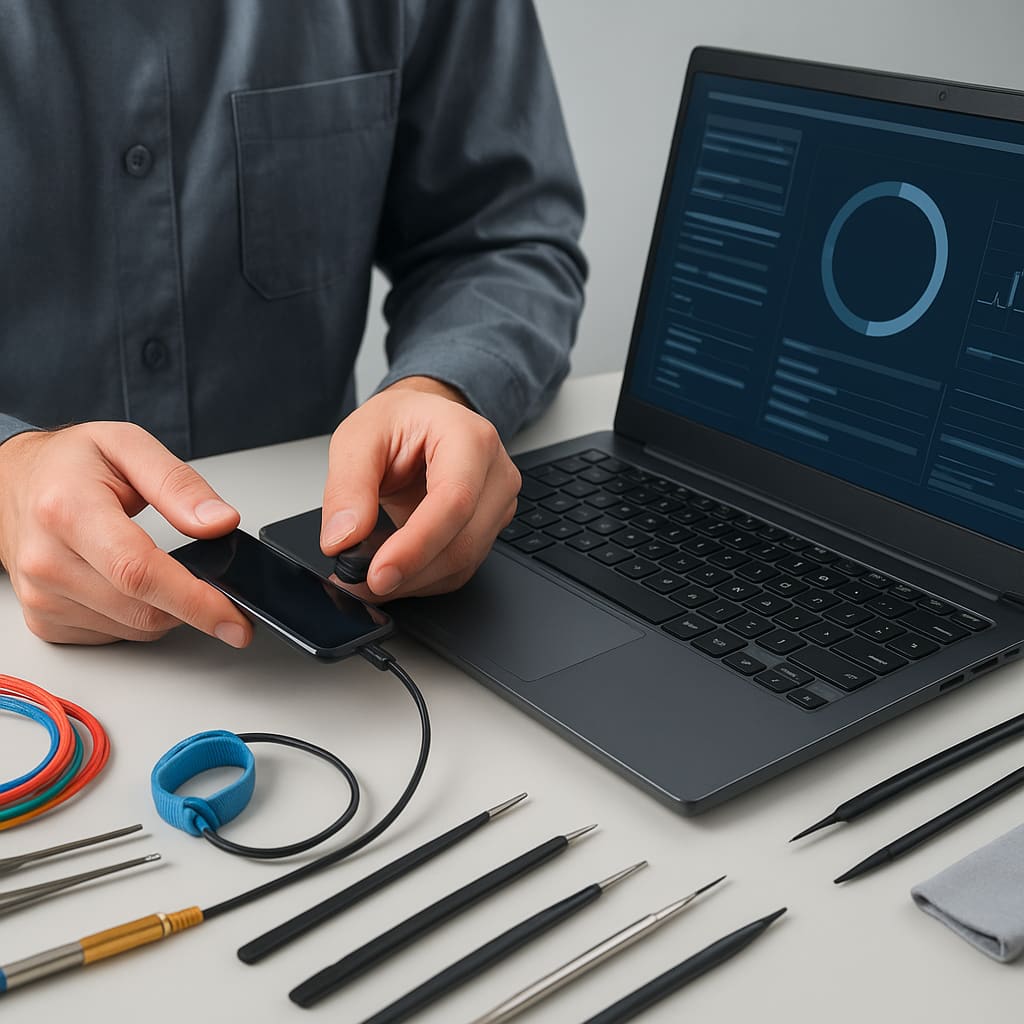 Laptop und Smartphone Diagnose mit Datenkabel